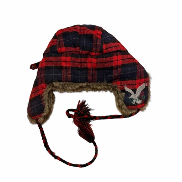 American Eagle Plaid Trapper Hat Faux Fur Lined Winter Ear Flap Aviator Ski - Picture 3 of 6